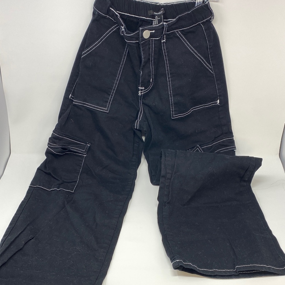 Forever 21 Black Wideleg Cargo Pants with White Stitching